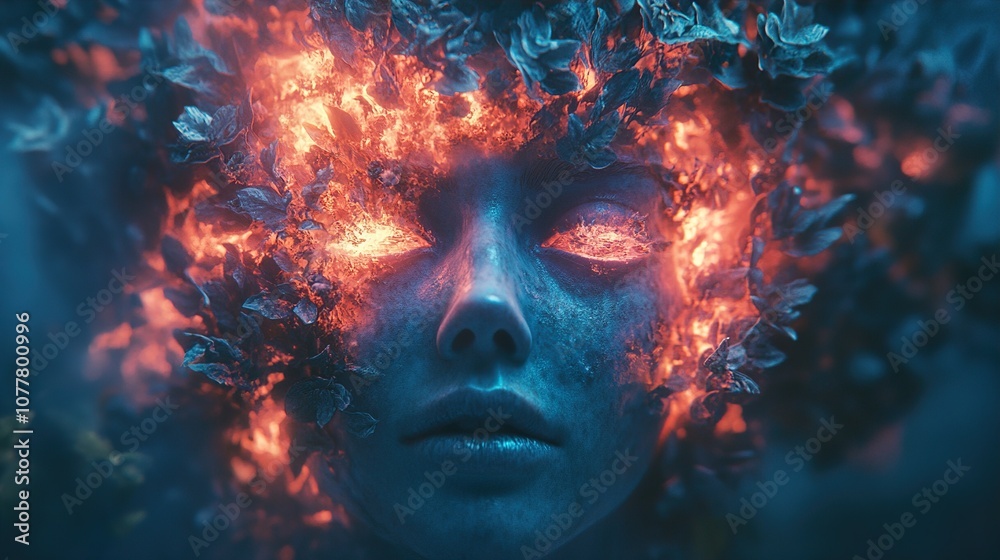 Mystical Portrait: Glowing Eyes and Burning Leaves in a Dreamlike Landscape Mystical Portrait: Glowing Eyes and Burning Leaves in a Dreamlike Landscape