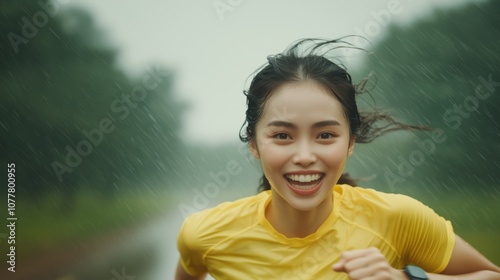 緑豊かな公園で黄色いシャツを着た笑顔の女性と元気に朝のランニング photo