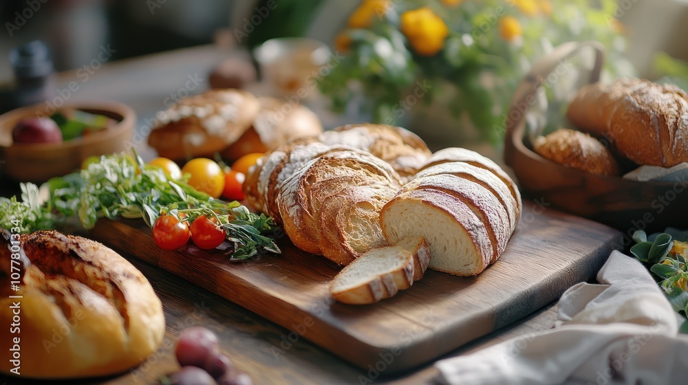 Freshly Baked Bread on Rustic Wooden Table Freshly Baked Bread on Rustic Wooden Table
