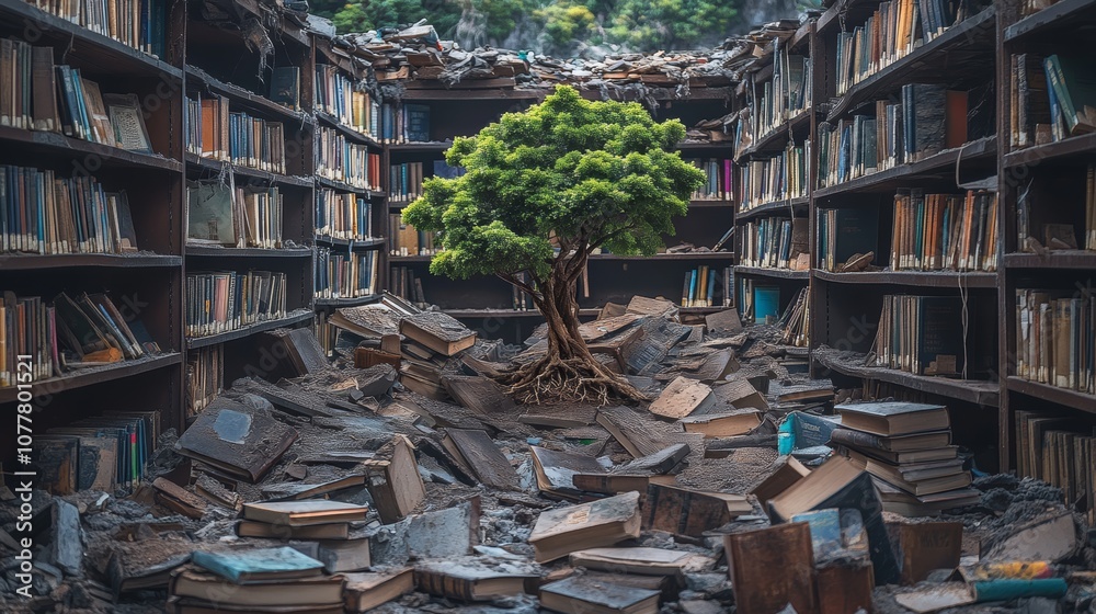 Obraz premium A lone tree grows amidst the ruins of a library, symbolizing hope and resilience.