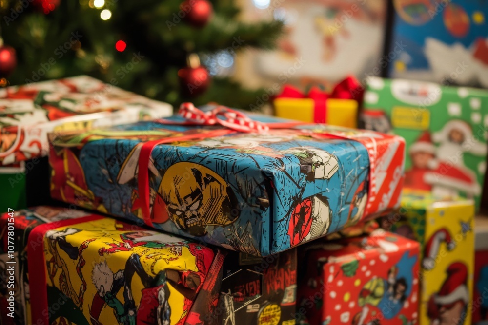 A Stack of Comic Book-Themed Christmas Presents A Stack of Comic Book-Themed Christmas Presents