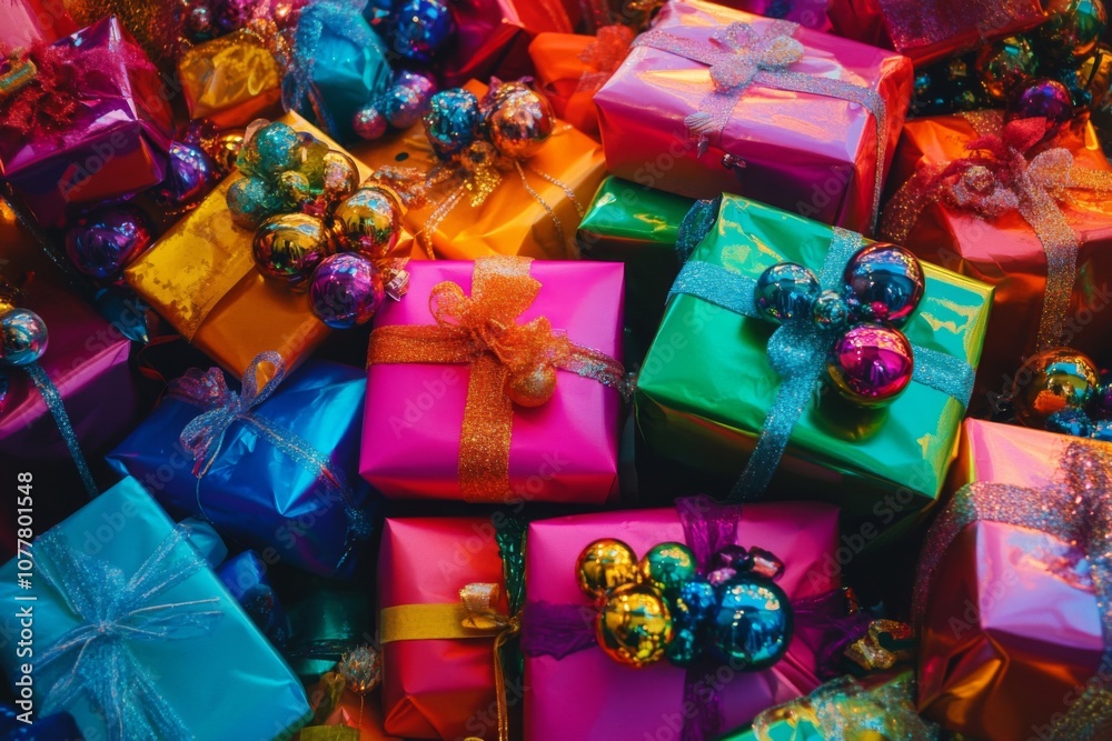 Fototapeta premium A Pile of Colorful Wrapped Gifts with Decorative Ornaments