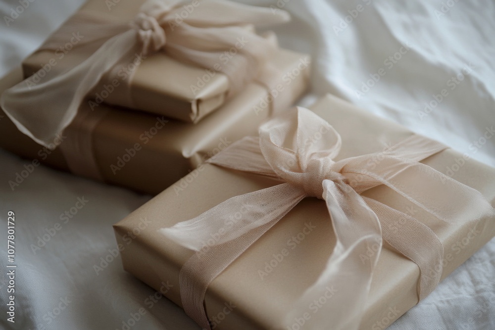 Stack of Gift Boxes Wrapped in Brown Paper with Delicate Sheer Ribbons Stack of Gift Boxes Wrapped in Brown Paper with Delicate Sheer Ribbons