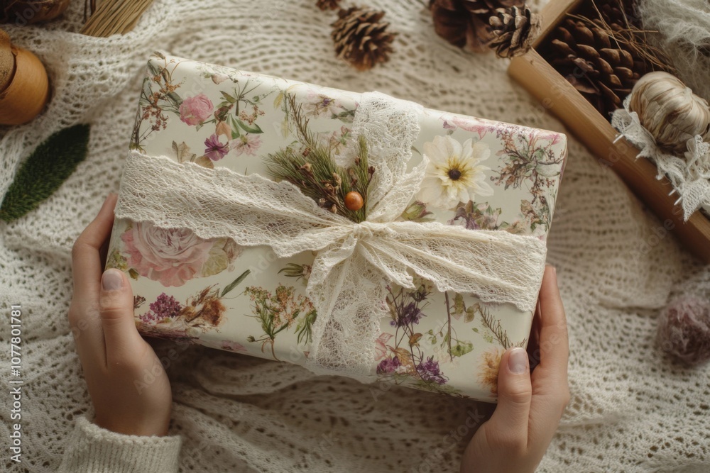 A Gift Box Wrapped in Delicate Floral Pattern and Lace A Gift Box Wrapped in Delicate Floral Pattern and Lace