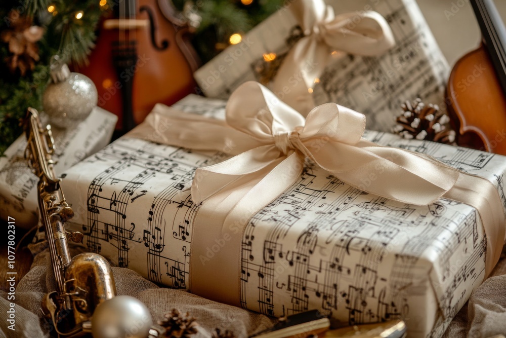 A Music-Themed Gift Wrapped in Sheet Music Paper with a Satin Ribbon A Music-Themed Gift Wrapped in Sheet Music Paper with a Satin Ribbon