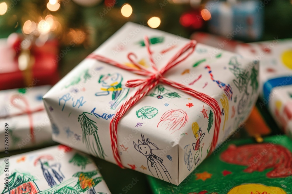 A Close-Up of a Gift Wrapped in White Paper Decorated with Colorful Drawings A Close-Up of a Gift Wrapped in White Paper Decorated with Colorful Drawings