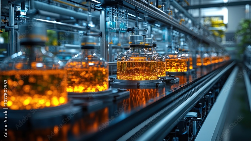 Bottles of glowing liquid on a production line in a lab setting. Bottles of glowing liquid on a production line in a lab setting.