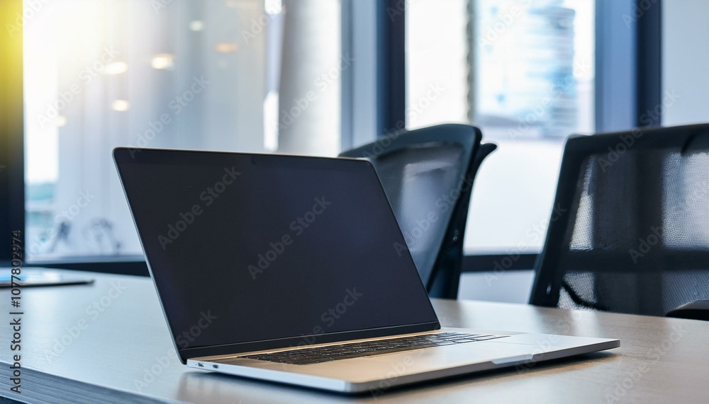 Laptop computer with opened lid on table in meeting room of office workspace. Laptop computer with opened lid on table in meeting room of office workspace.