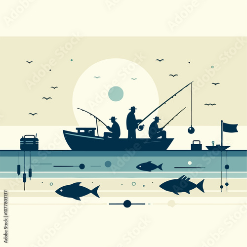 Illustration of people fishing in the sea
