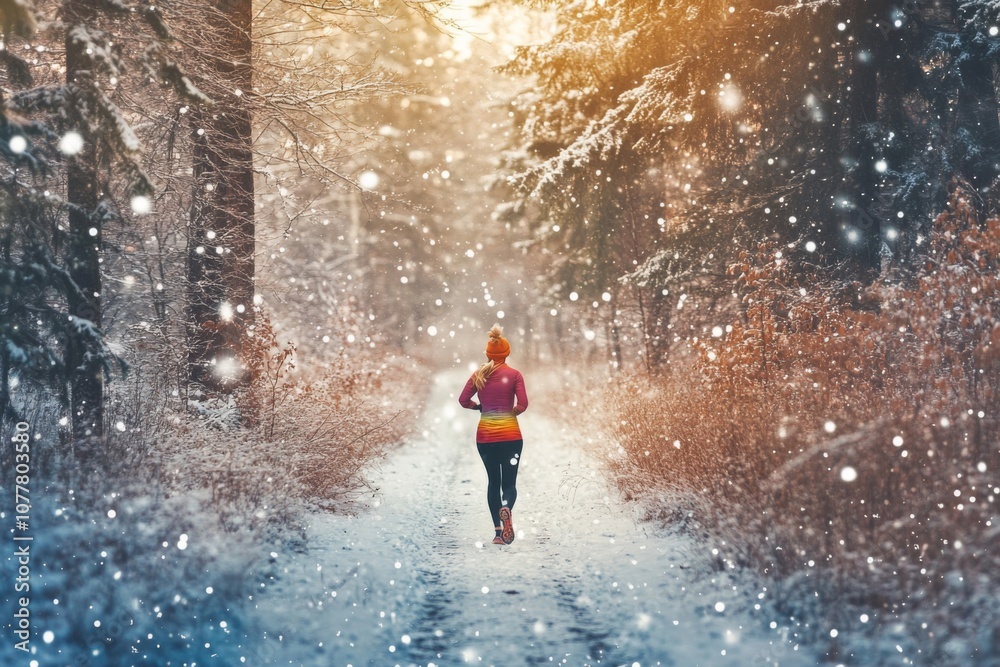 Woman Running Through a Snowy Forest Path Woman Running Through a Snowy Forest Path