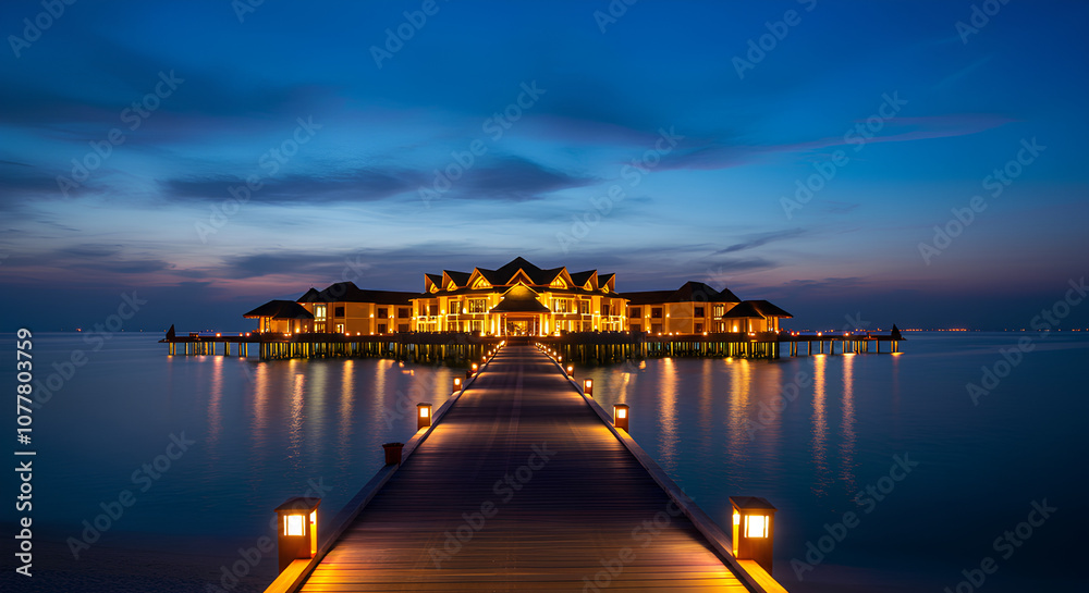 Fototapeta premium A beautiful overwater villa illuminated at dusk, with lights reflecting on the calm sea, creating a serene atmosphere.