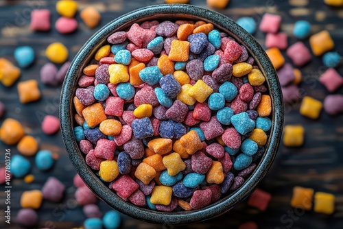 bowl brimming with vibrant assorted pet food kibbles surrounded by scattered pieces on a wooden surface reflecting the joy and diversity of pet nutrition photo