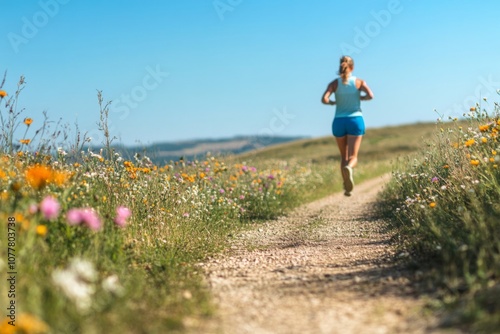 Woman Jogging on a Path Lined with Wildflowers