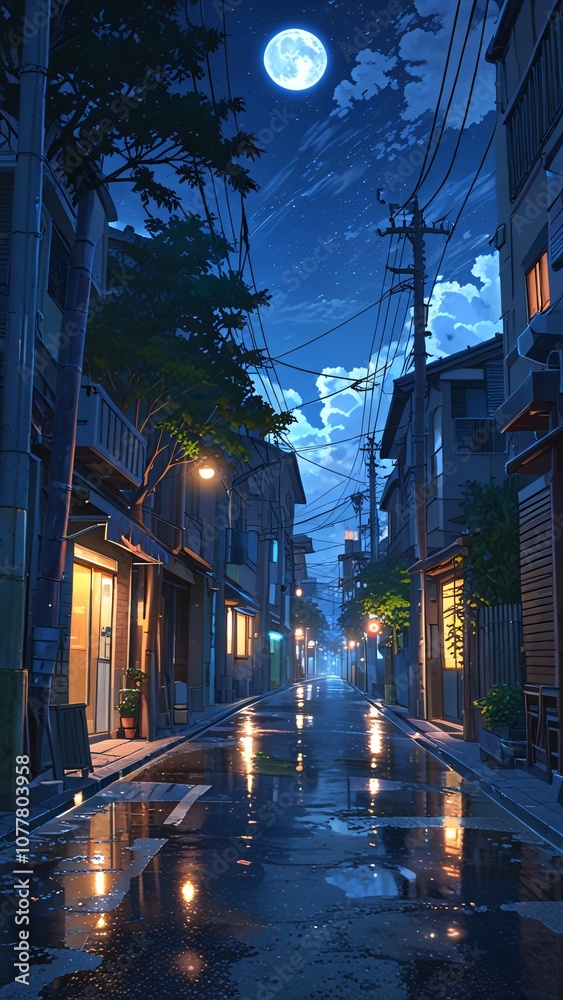 Rainy Night Street in a Cityscape with Full Moon and Stars