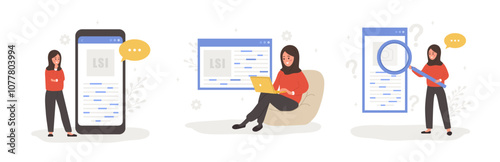 Lsi keyword. Latent Semantic Indexing. Key phrases generator. Set of Vector illustrations in cartoon style. Arabian female characters are engaged and word search optimization