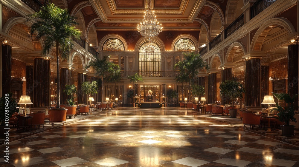 Fototapeta premium Elegant hotel lobby with chandeliers and lush greenery.