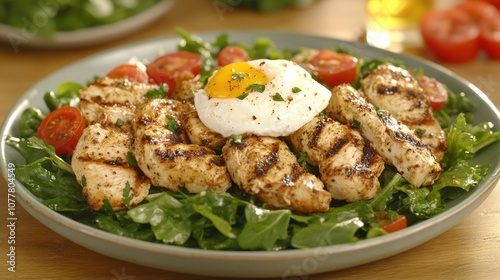 Grilled chicken salad with cherry tomatoes and fried egg on a green plate.