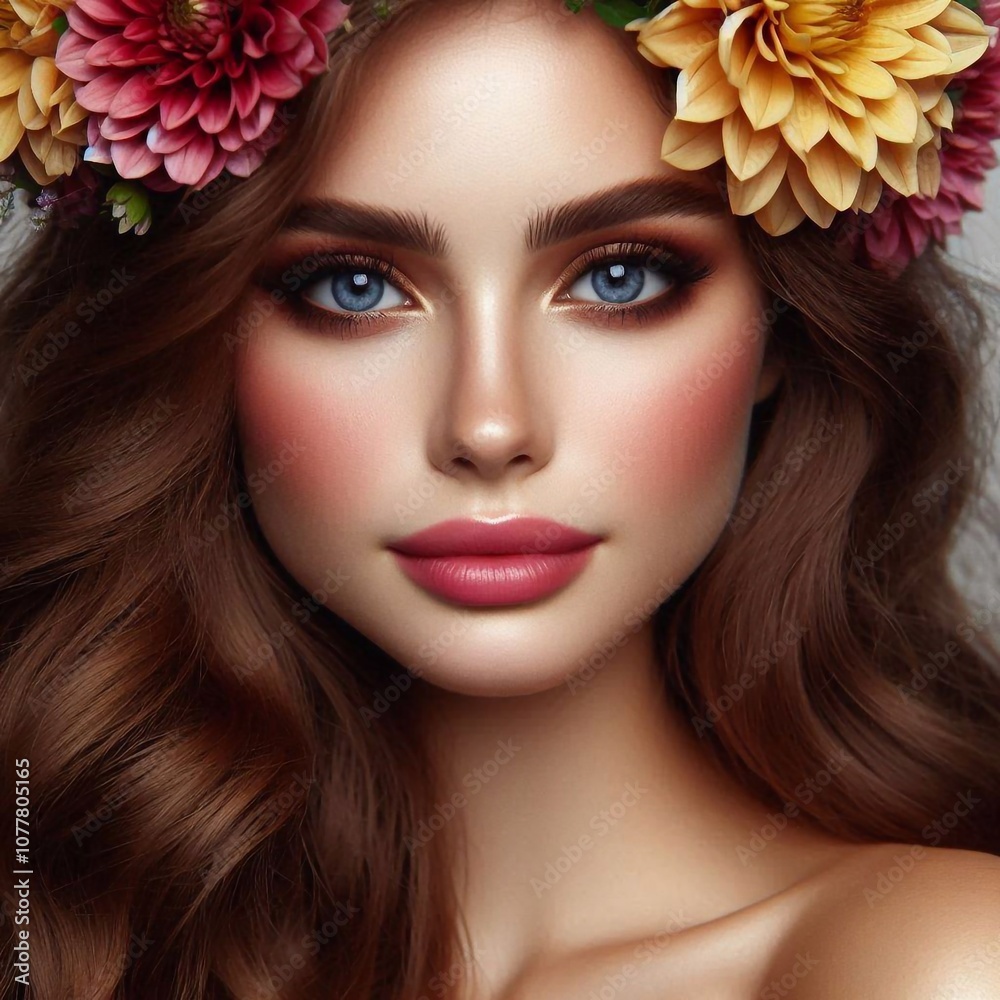 Hübsche junge Frau mit Blumen im Haar Hübsche junge Frau mit Blumen im Haar