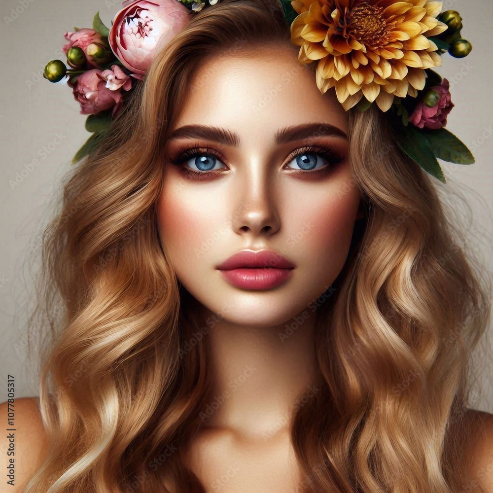 Hübsche junge Frau mit Blumen im Haar Hübsche junge Frau mit Blumen im Haar