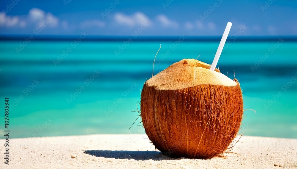 A fresh coconut with a straw sits on white sand, with clear turquoise ocean waters in the background, evoking a tropical vacation vibe. A fresh coconut with a straw sits on white sand, with clear turquoise ocean waters in the background, evoking a tropical vacation vibe.