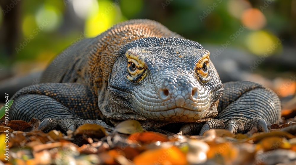A close-up of a Komodo dragon resting on the ground. A close-up of a Komodo dragon resting on the ground.