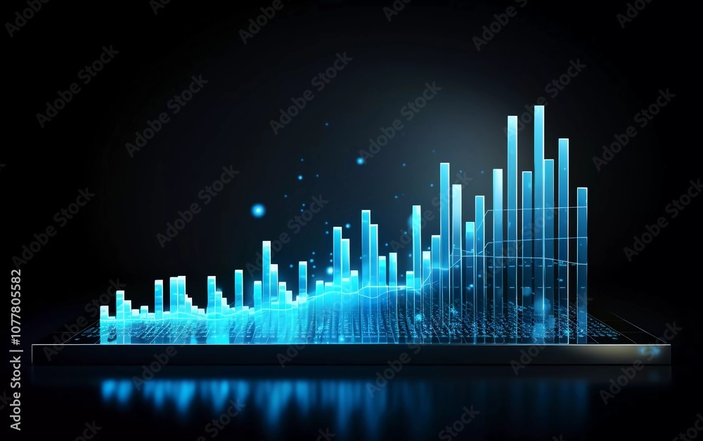 Fototapeta premium A 3D graph visualizing data trends with glowing bars and particles against a dark background.
