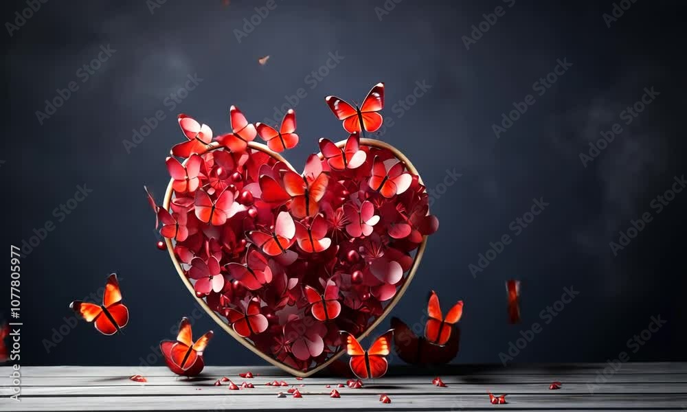 Red paper heart surrounded by red paper butterflies on dark blue background with red paper petals.