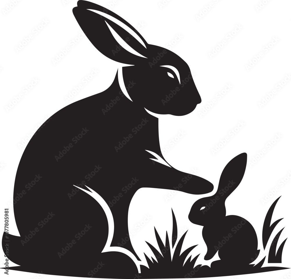 Obraz premium Caring rabbit tending to a patch of grass silhouette