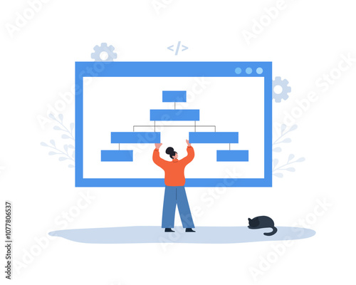 Sitemap Creation concept. Website SEO management. Female Developer organizes site structure. Search optimization. Flowchart UI UX. Vector illustration in flat cartoon style.