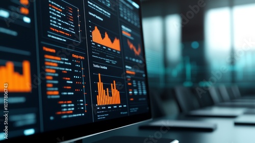 A close-up of a computer screen displaying data analytics with vibrant orange charts and graphs, set against a blurred office background.