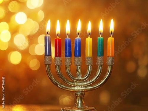 A Menorah with Seven Lit Candles, Against a Bokeh Background