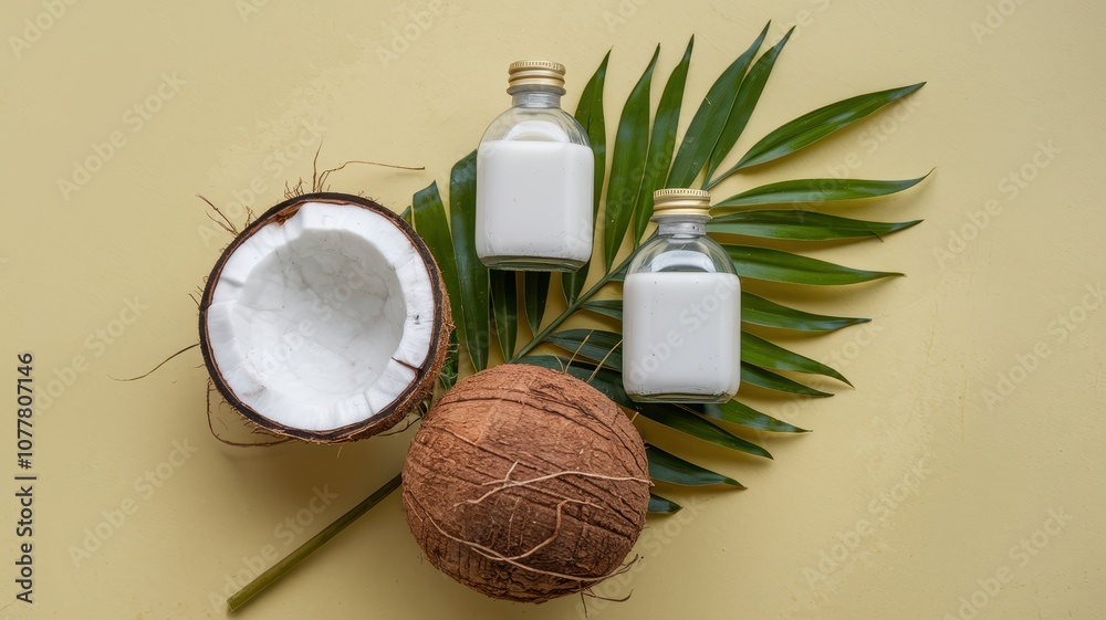 Bottle of coconut milk is on top of a coconut