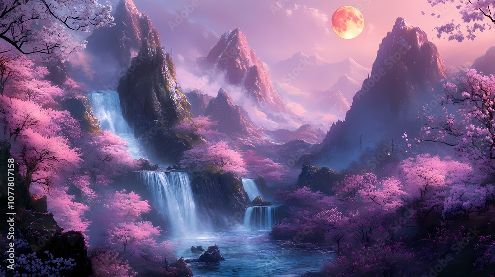 Fototapeta premium Traditional purple mountains pink cherry blossom tree illustration poster background