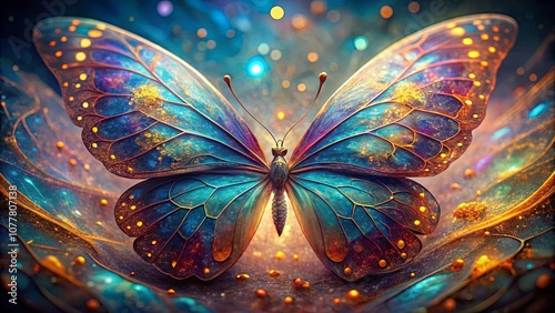 A Cosmic Butterfly With Vibrant Hues and Sparkling Gold Dust on Its Wings, Resting on a Shimmering Surface