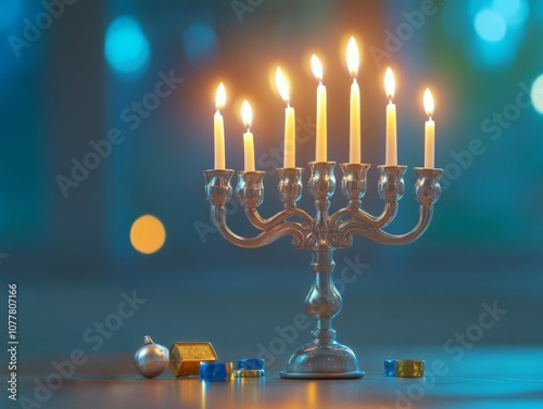 Silver Menorah with Lit Candles and Festive Decorations