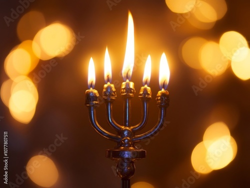 A Lit Menorah with Five Candles Against a Bokeh Background