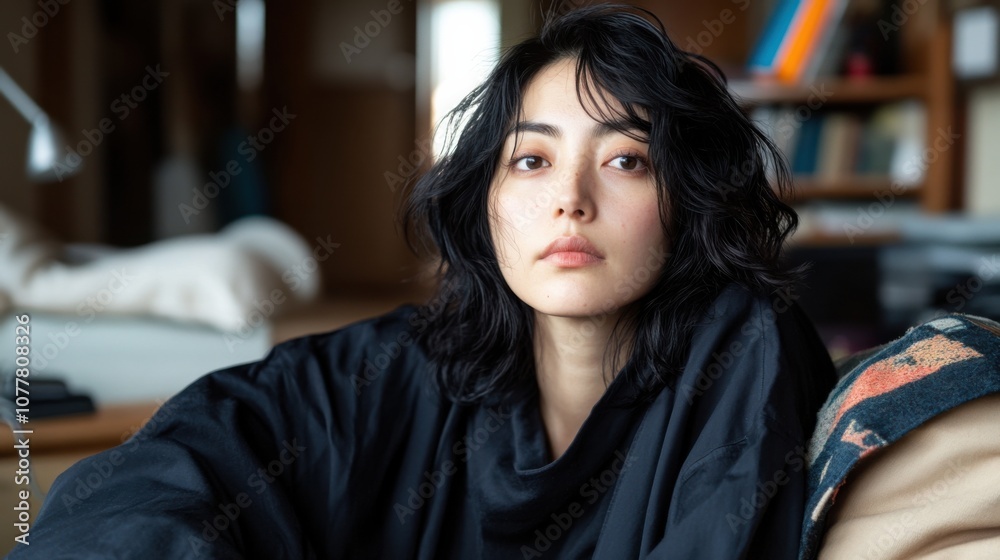 変化と再生について室内で思索する女性 変化と再生について室内で思索する女性