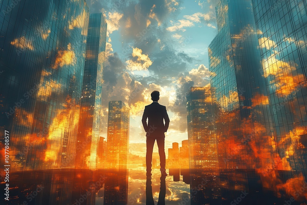 businessman with a confident stance hands on hips gazing up at the sky surrounded by towering glass skyscrapers reflecting sunlight embodying ambition and urban energy in a bright cityscape