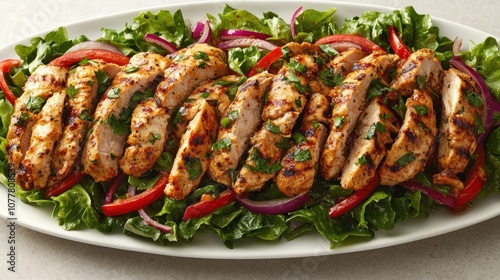 Grilled chicken strips on a bed of lettuce with red onion and red bell peppers.