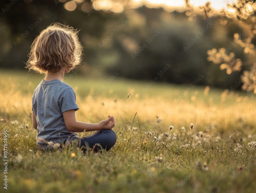 A young child sits in a field, meditating in the evening sun.