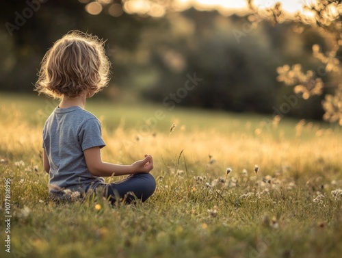 Obraz na płótnie A young child sits in a field, meditating in the evening sun. w salonie
