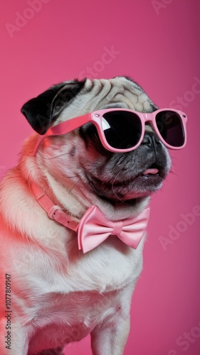 Dog wearing pink sunglasses and a pink bow tie