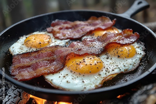 camping breakfast with crispy bacon and perfectly fried eggs sizzling in a castiron skillet over an open fire in a serene forest setting capturing the essence of outdoor culinary adventures