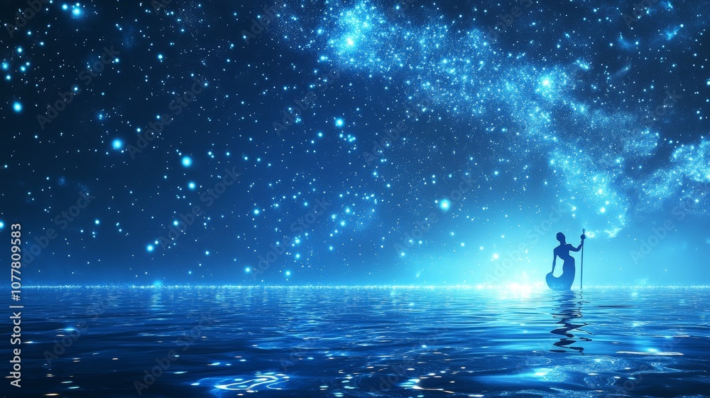 A serene scene of a silhouetted figure by a glowing ocean under a starry sky. A serene scene of a silhouetted figure by a glowing ocean under a starry sky.