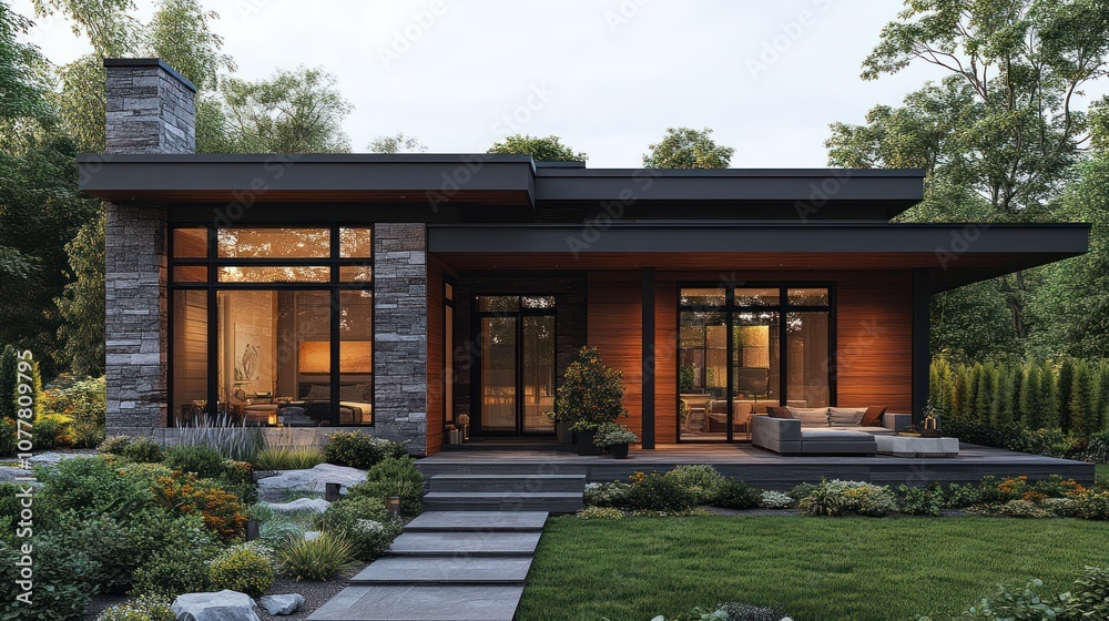 Modern house with large windows and landscaped garden. Modern house with large windows and landscaped garden.