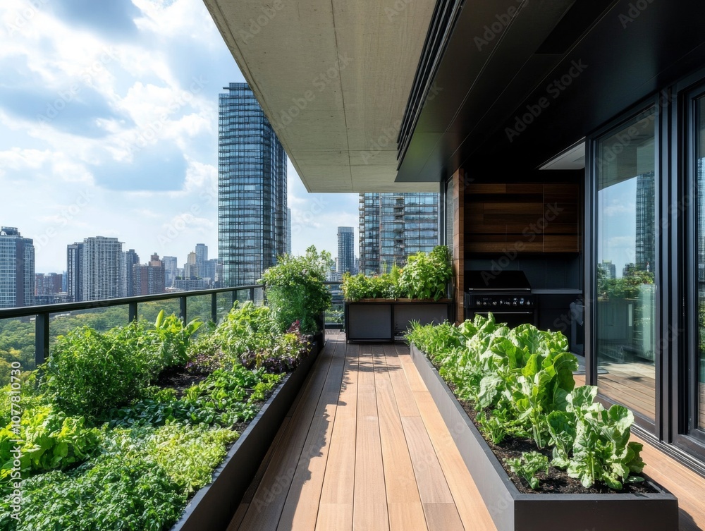 Urban Rooftop Garden with Cityscape View Urban Rooftop Garden with Cityscape View