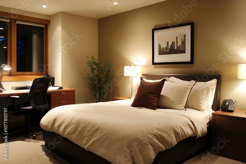 落ち着いた雰囲気のベッドルームとワークスペース | Cozy Bedroom with Workspace