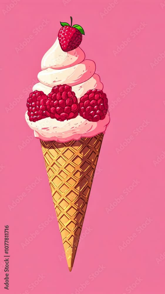 A single ice cream cone with white ice cream and fresh raspberries sits on a pink background A single ice cream cone with white ice cream and fresh raspberries sits on a pink background