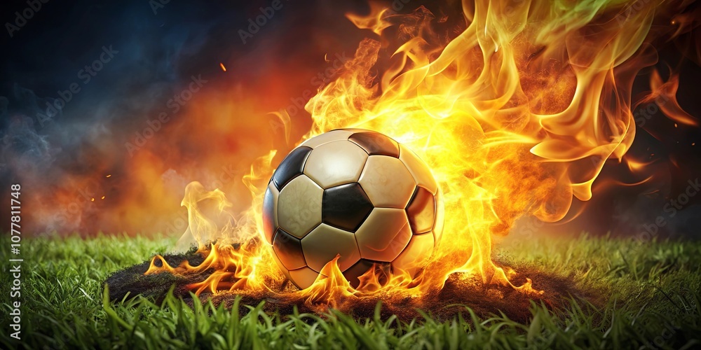Naklejka premium A leather sphere ablaze, igniting the green grass with a fiery intensity, symbolizing a passion for the game that burns bright.