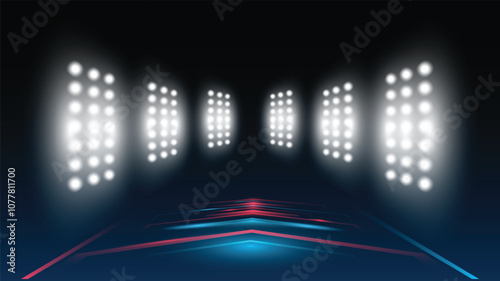 Abstract technology background stadium stage hall with scenic lights of round futuristic technology user interface Blue vector lighting empty stage spotlight background.